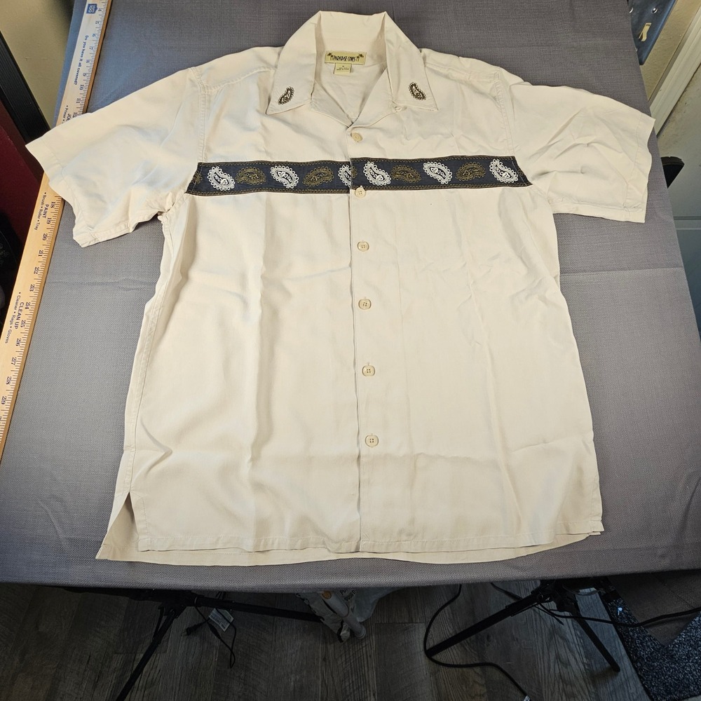 Paradise Coves Mens Silk Shirt Tan Paisley Embroidered Short Sleeve Camp Medium
